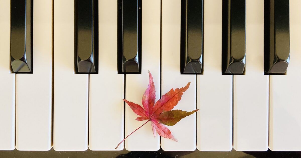ピアノの鍵盤に置かれた紅葉の葉